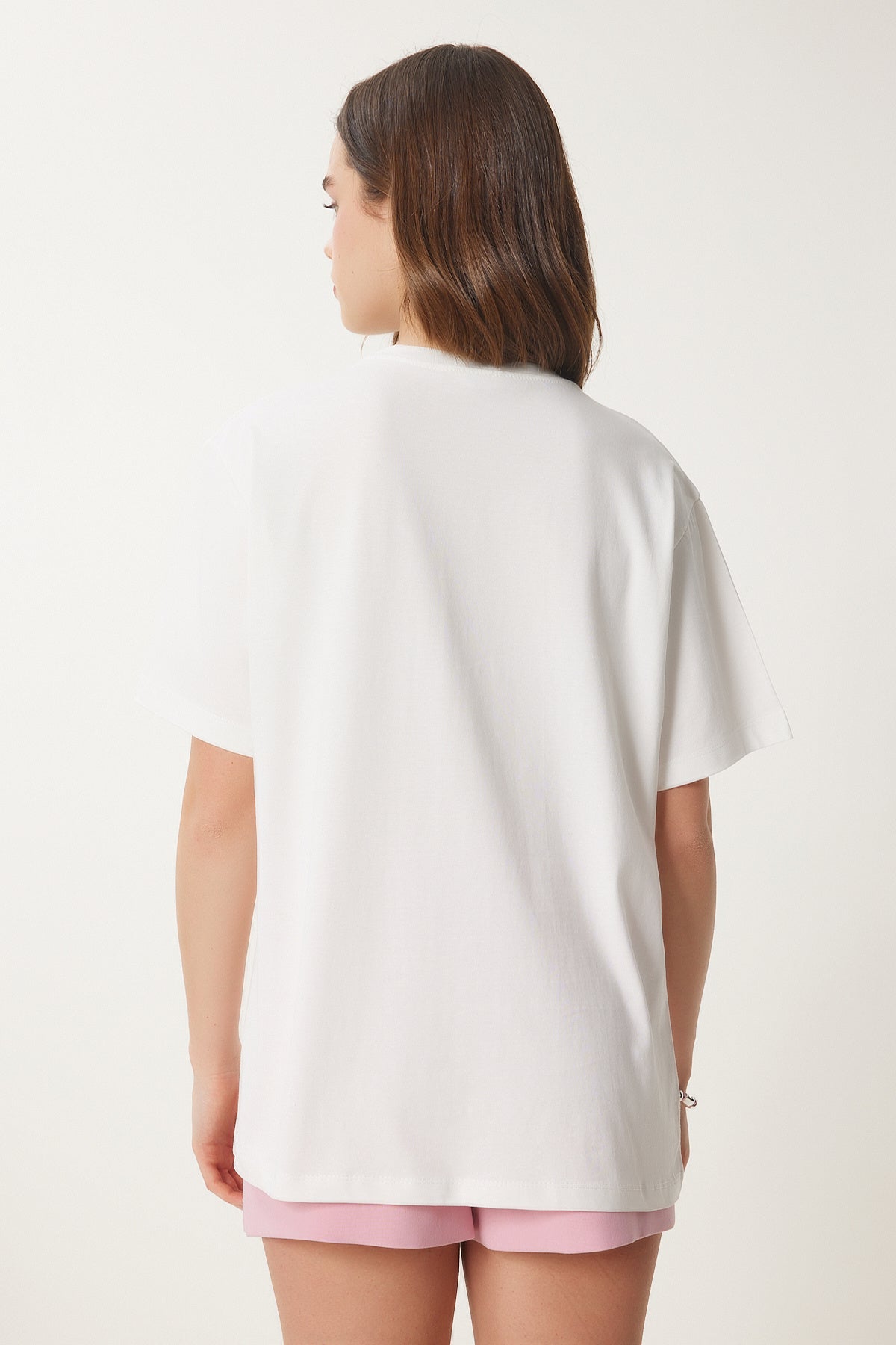 Ekru Baskılı Pamuklu Oversize Örme T-Shirt CR00456