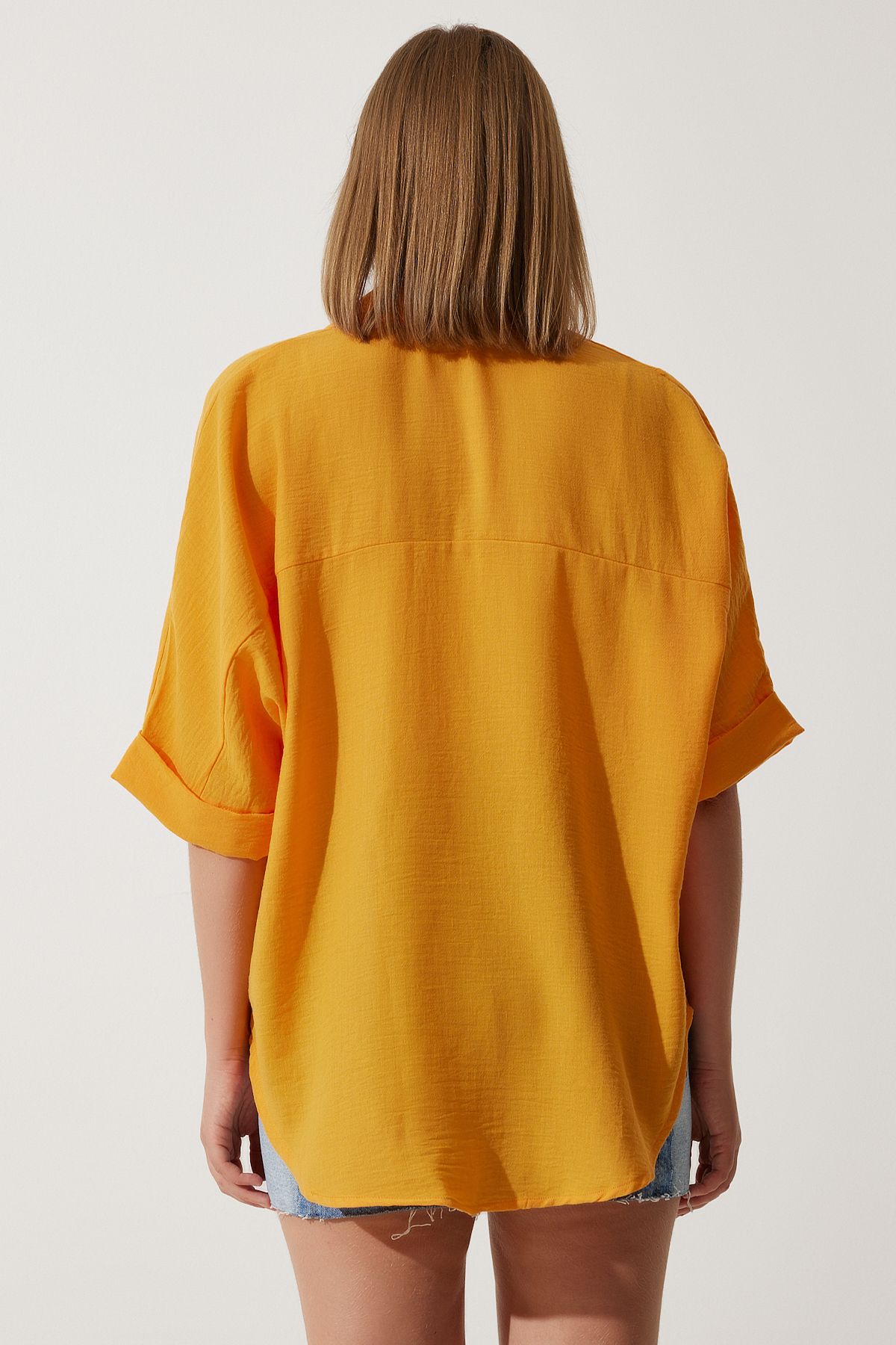 Oranj Nakışlı Cepli Oversize Keten Ayrobin Gömlek RG00031
