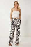 Siyah Krem Zebra Desenli Saten Yüzeyli Dökümlü Pantolon CR00492