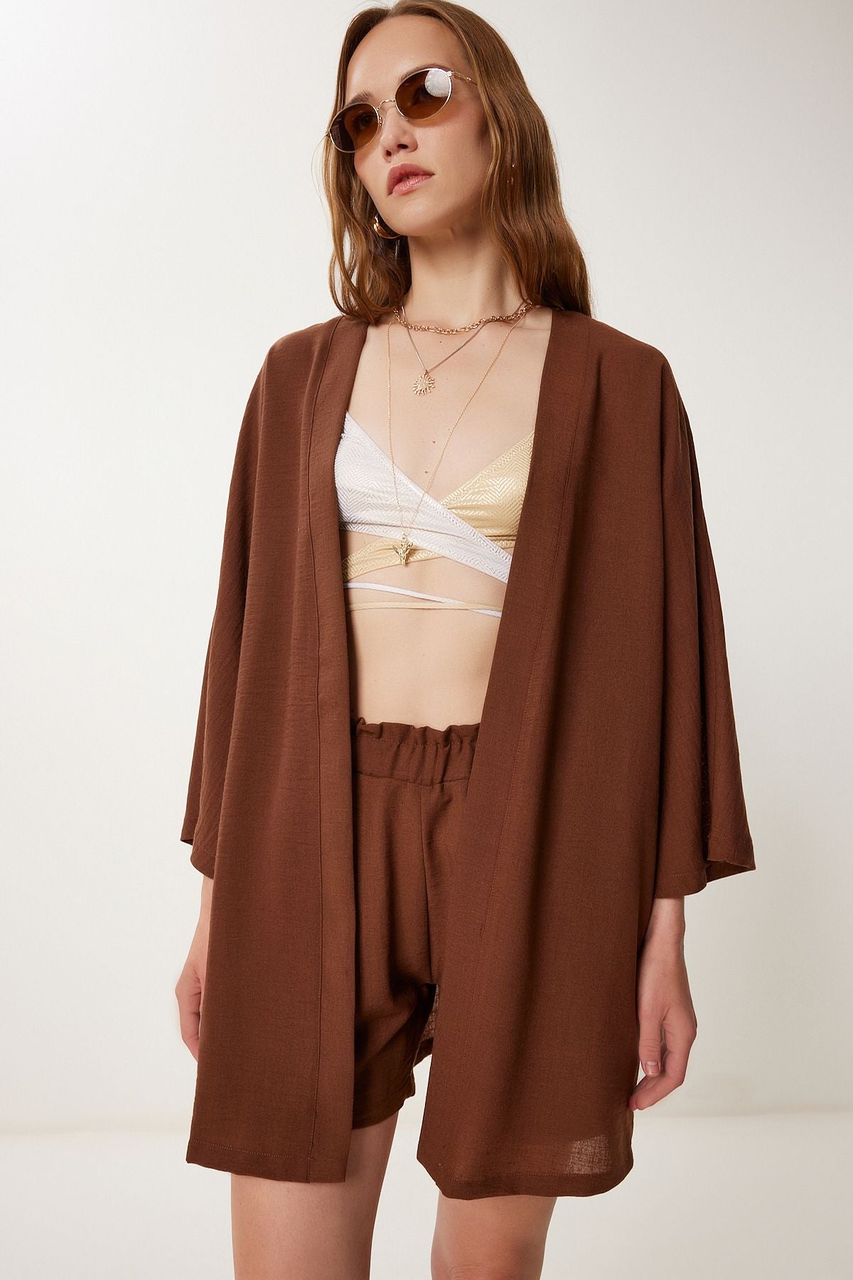 Kahverengi Keten Kimono Şort Takım WF00105