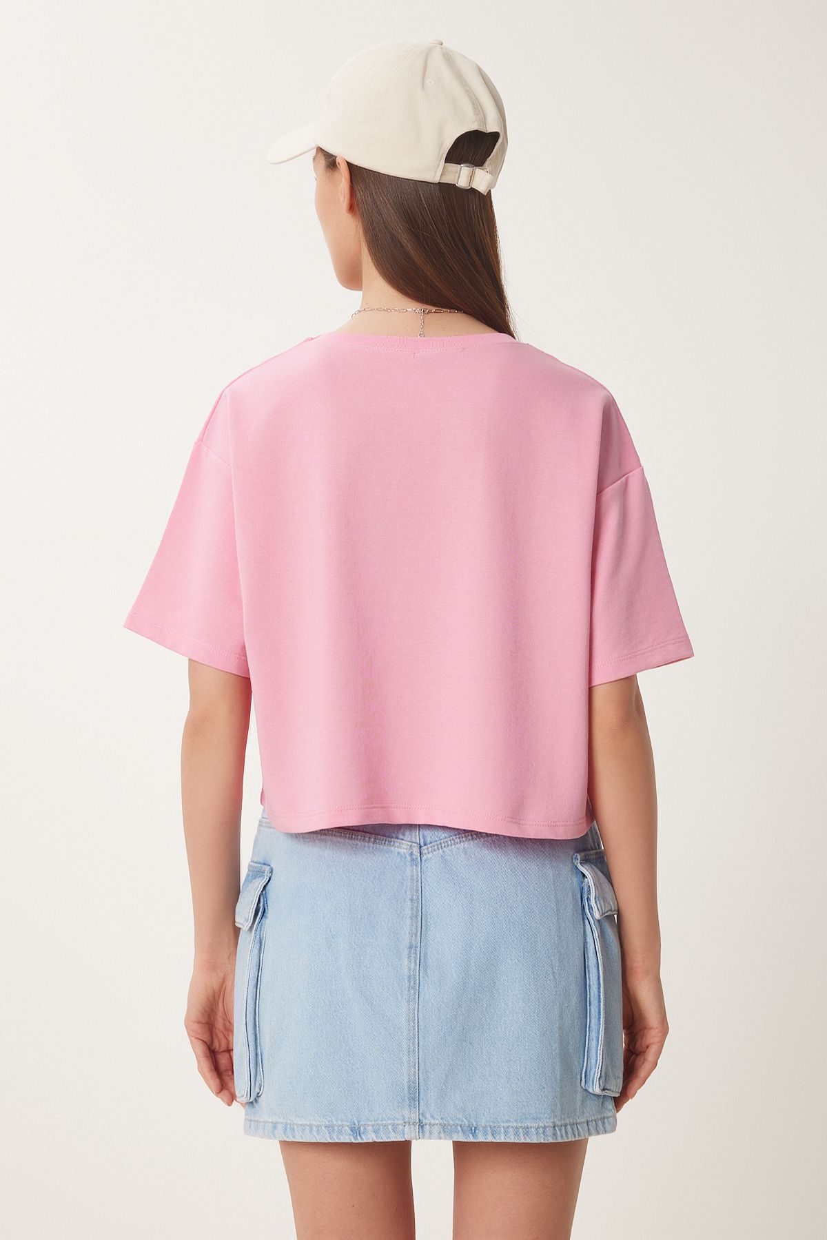 Pembe Ayıcık Armalı Crop Örme T-Shirt ZV00298