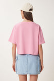 Pembe Ayıcık Armalı Crop Örme T-Shirt ZV00298