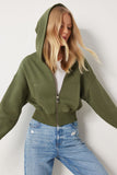 Haki Kapüşonlu Şardonlu Fermuarlı Sweatshirt OW00051