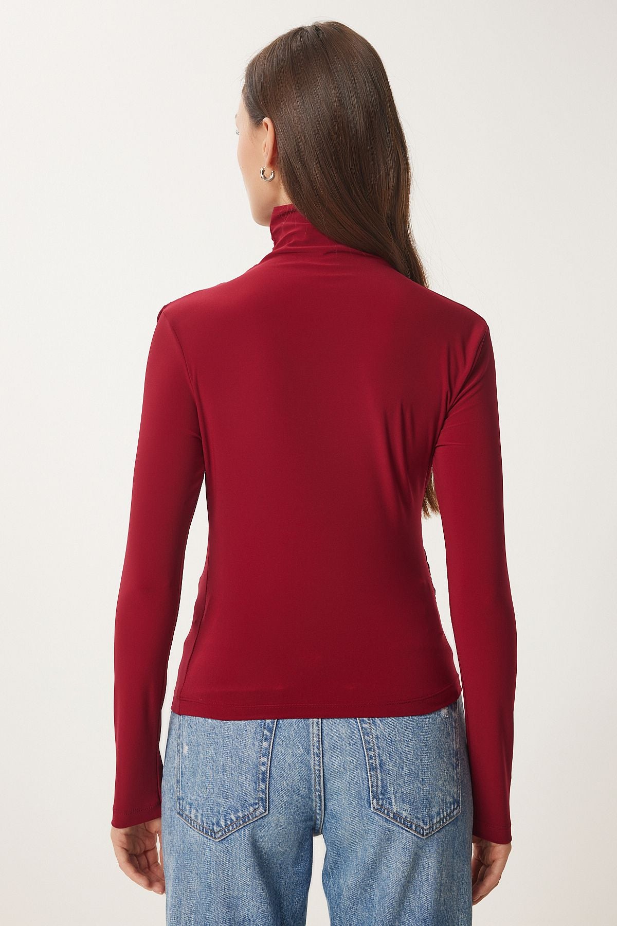 Bordo Büzgü Detaylı Dik Yaka Sandy Bluz  FF00135