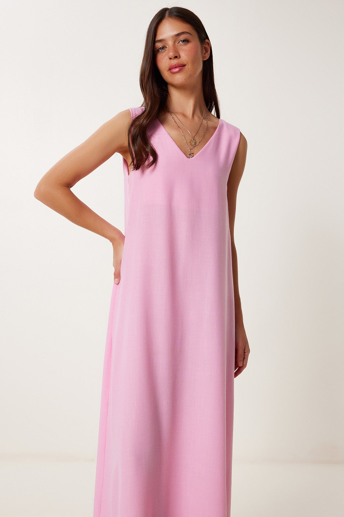 Pembe Kolsuz Basic Yazlık Keten Elbise DZ00128