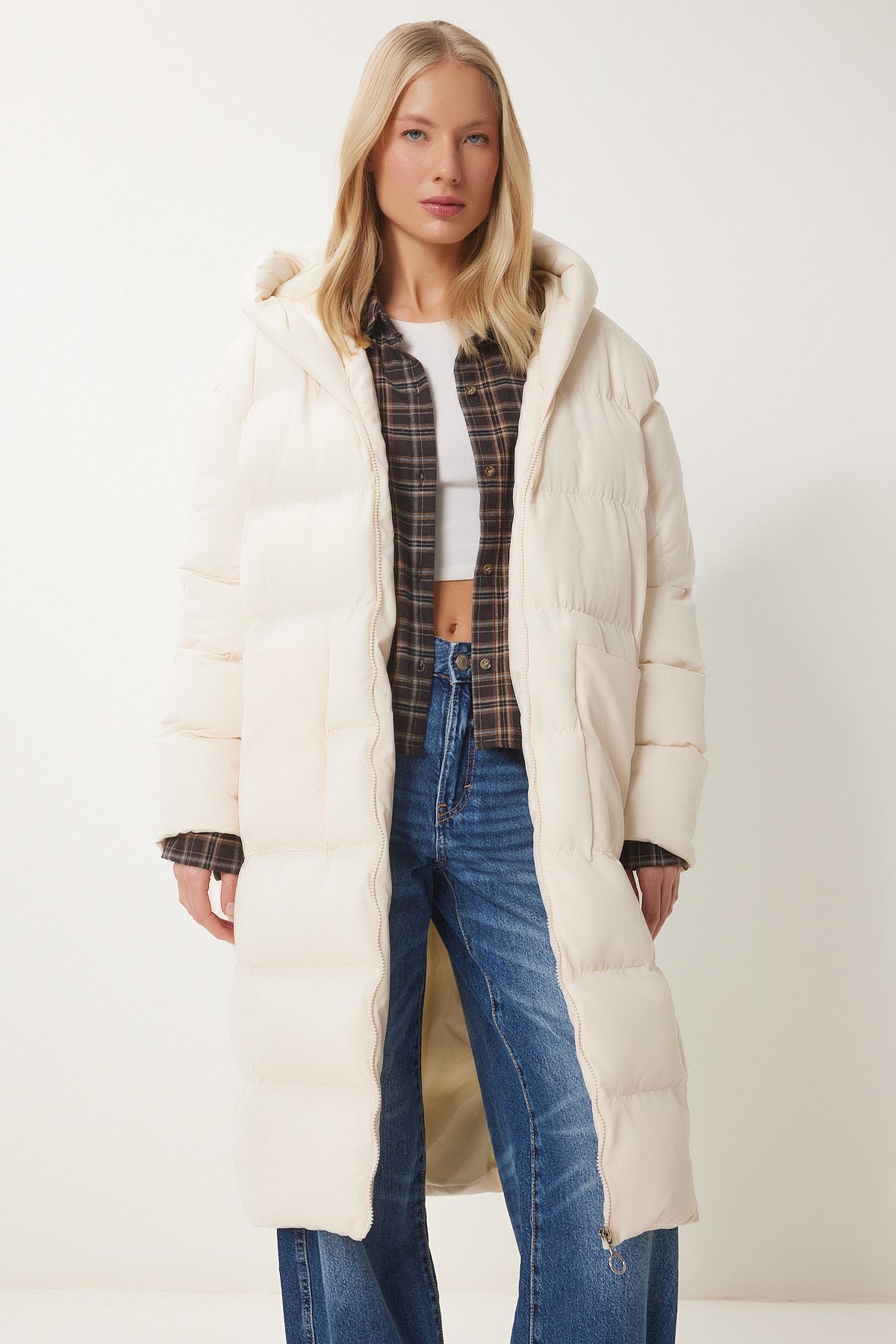 Kemik Kapüşonlu Oversize Uzun Şişme Kaban NT00428