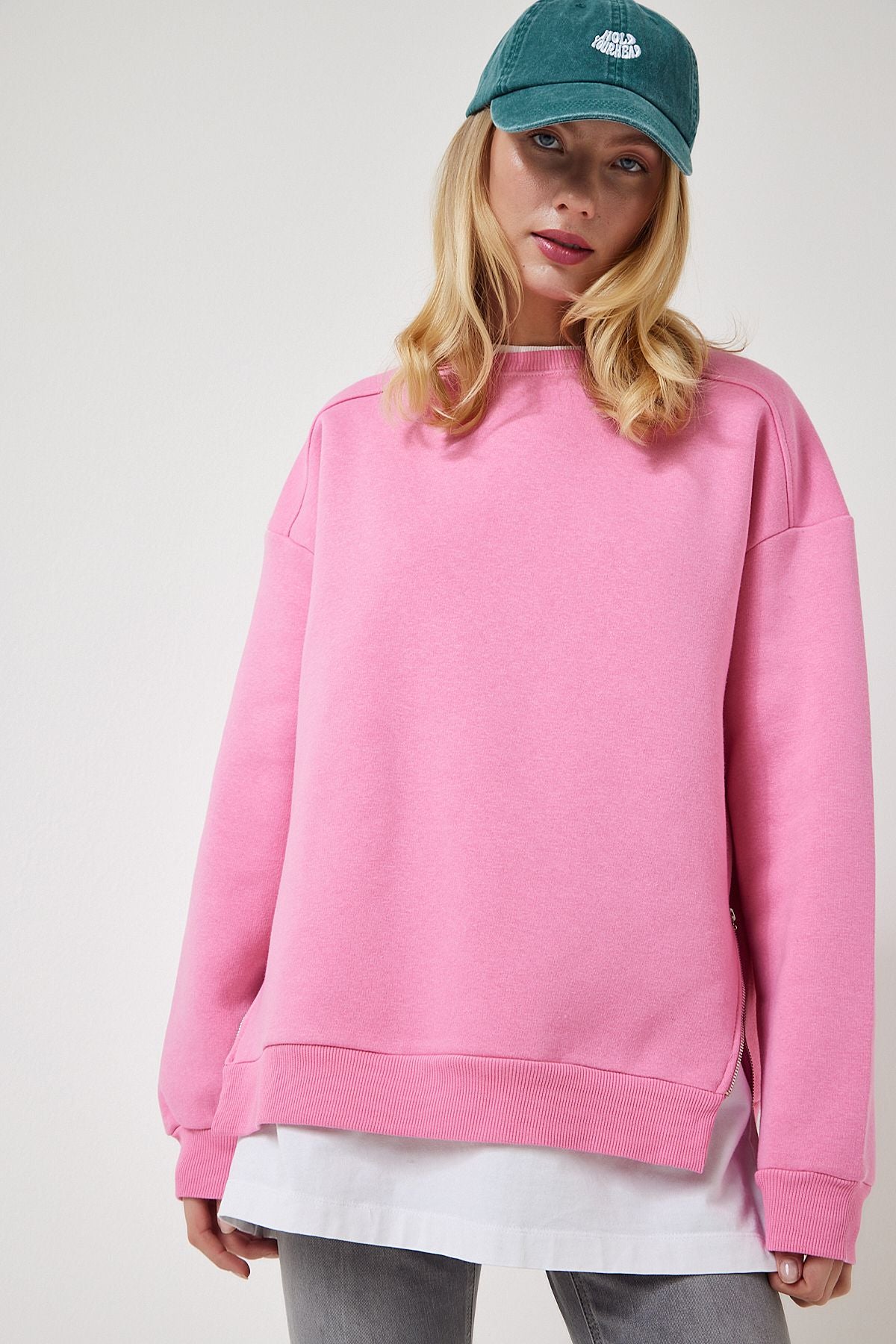 Açık Pembe Fermuar Detaylı Şardonlu Örme Sweatshirt UB00148