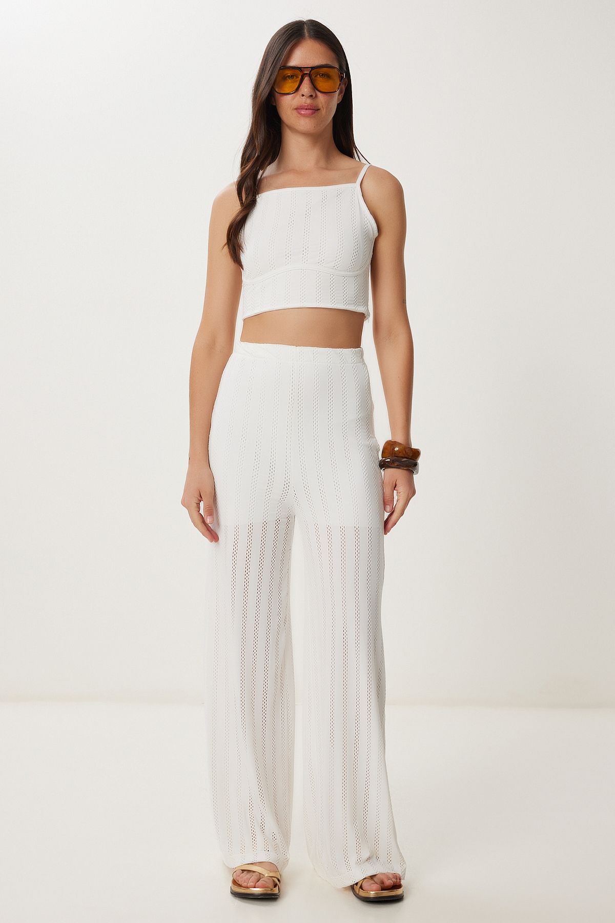 Ekru Ajurlu Örme Bluz Pantolon Takım DM00145