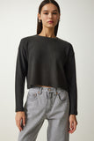 Antrasit Yumuşak Dokulu Crop Örme Bluz UB00214