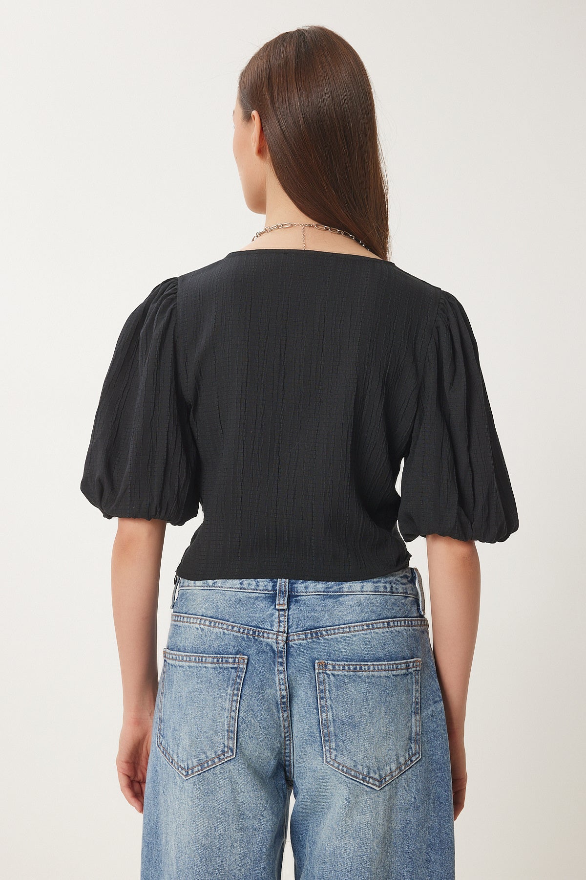Siyah Balon Kollu Crop Dokuma Bluz RG00052