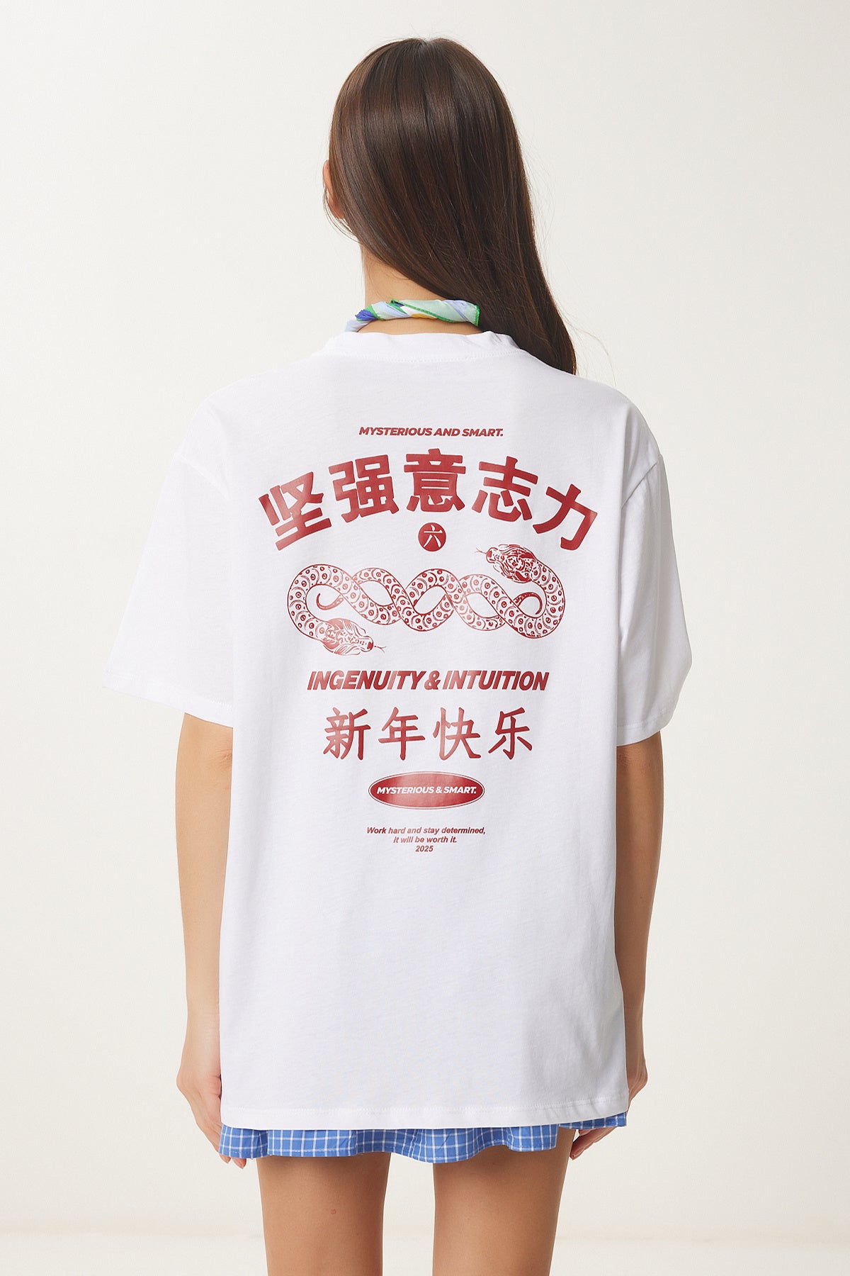 Beyaz Oversize Baskılı Pamuklu Örme T-Shirt UB00371