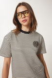 Siyah Krem Çiçek Detaylı Çizgili Örme T-Shirt CR00448