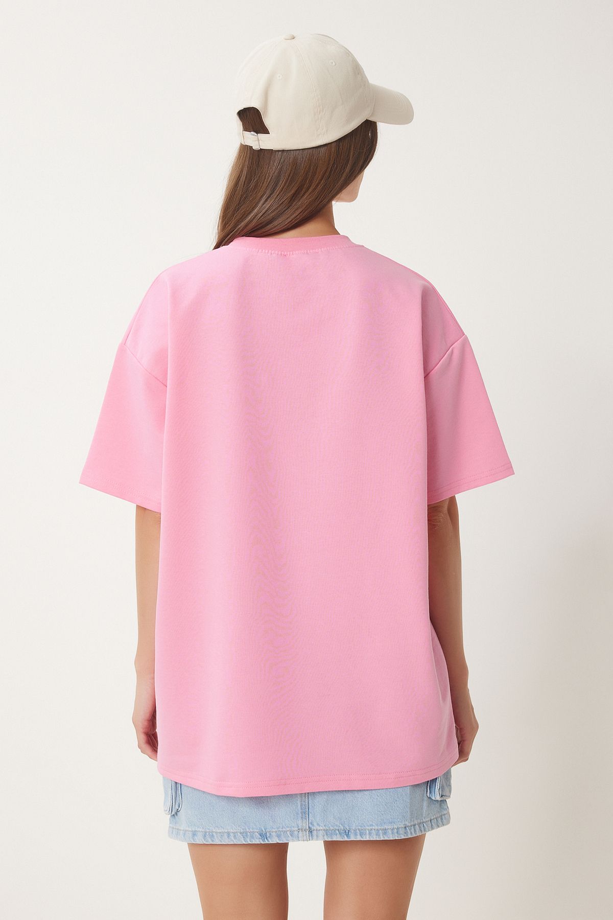 Pembe Ayıcık İşlemeli Oversize Örme T-Shirt ZV00286