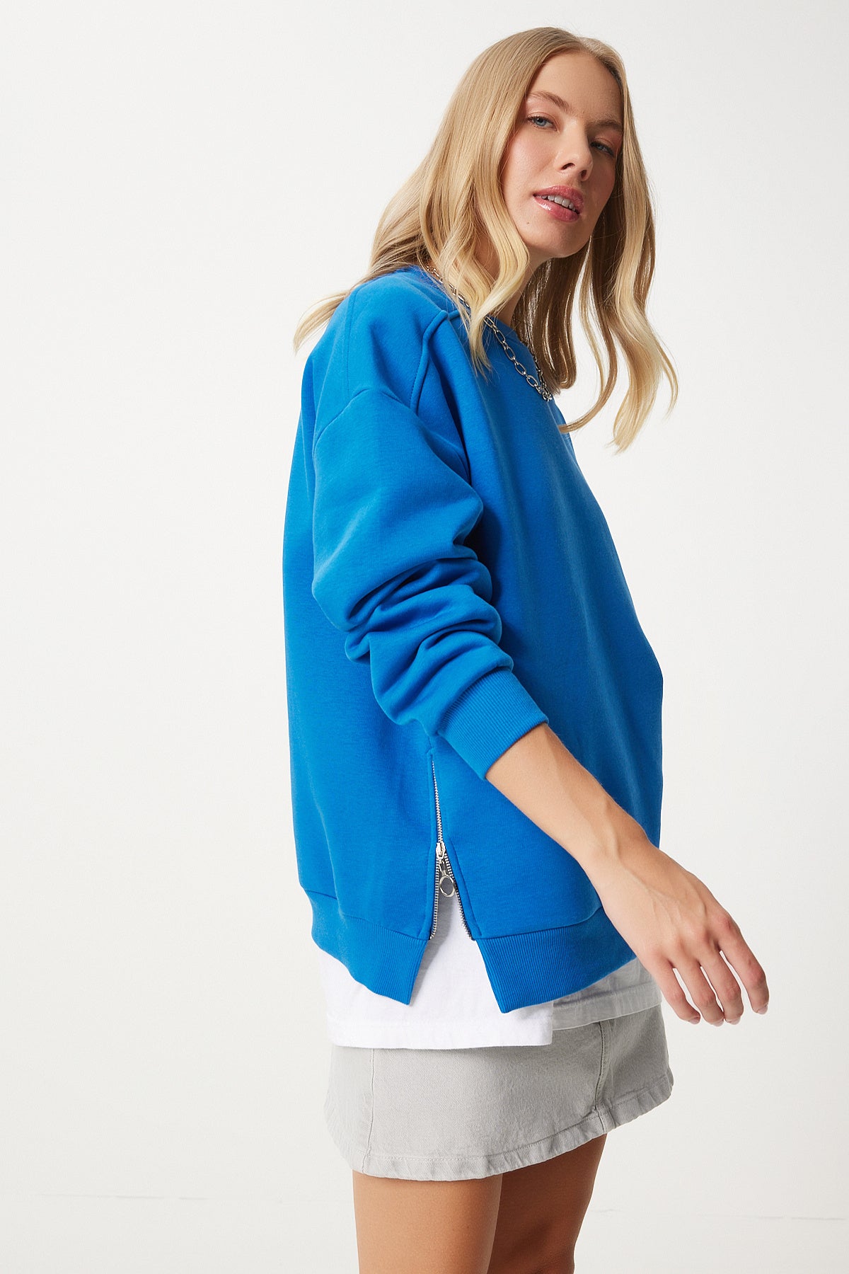 Mavi Fermuar Detaylı Şardonlu Örme Sweatshirt UB00148