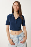 Lacivert Polo Yaka Crop Ayrobin Bluz WF00136