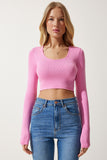 Pembe U Yaka Fitilli Crop Triko Bluz PF00068