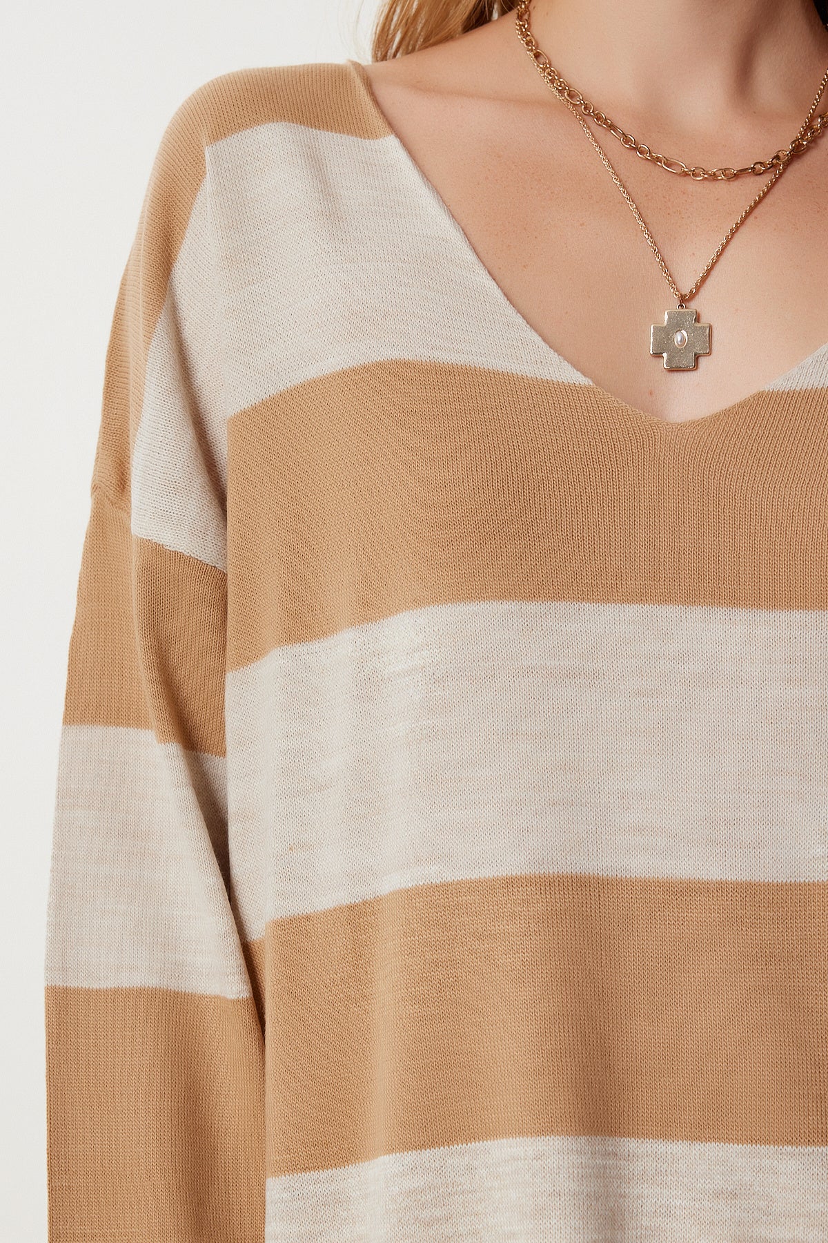 Camel Taş Çizgili Oversize Triko Kazak Kİ00164