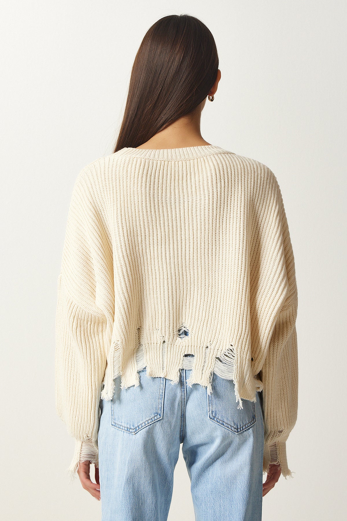 Krem Yırtık Detaylı Oversize Triko Kazak ki00098