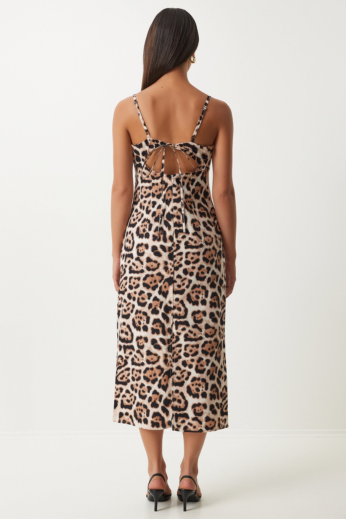 Siyah Bej Leopar Desenli Askılı Midi Elbise KJ00013