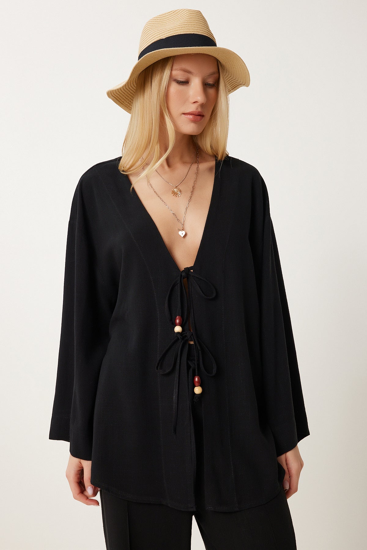 Siyah Keten Kimono Bol Palazzo Pantolon Takım RV00208