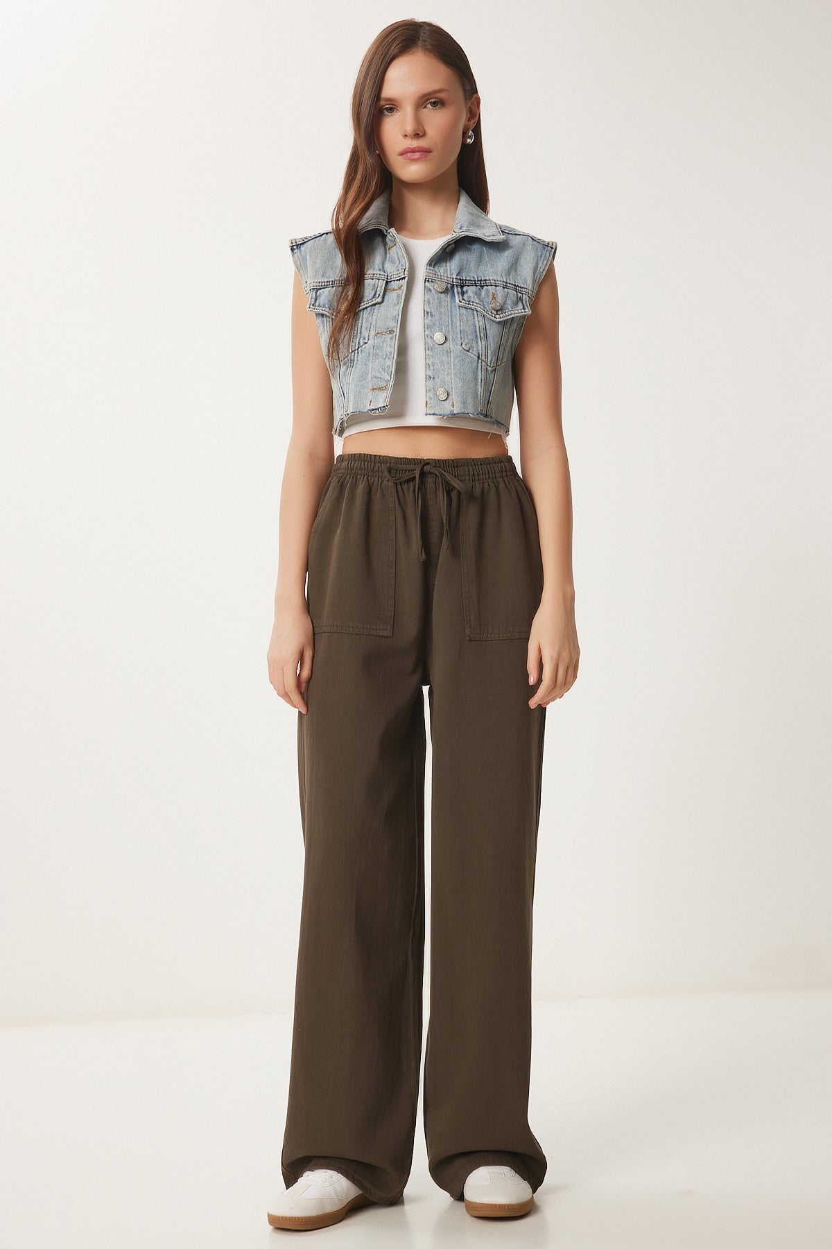 Koyu Haki Soluk Efektli Geniş Paça Denim Palazzo Pantolon MX00179