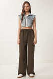 Koyu Haki Soluk Efektli Geniş Paça Denim Palazzo Pantolon MX00179