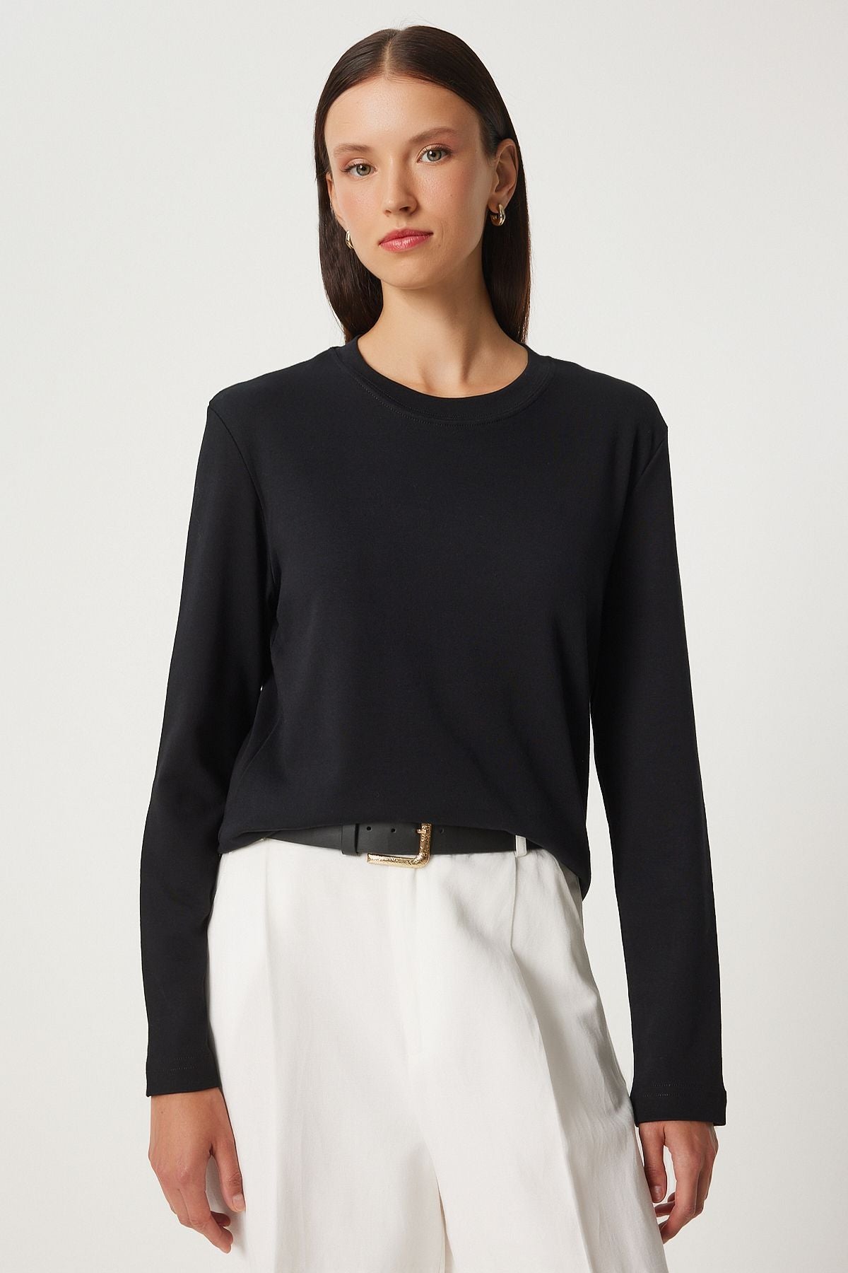 Siyah Pamuklu Basic Örme Bluz NJ00155