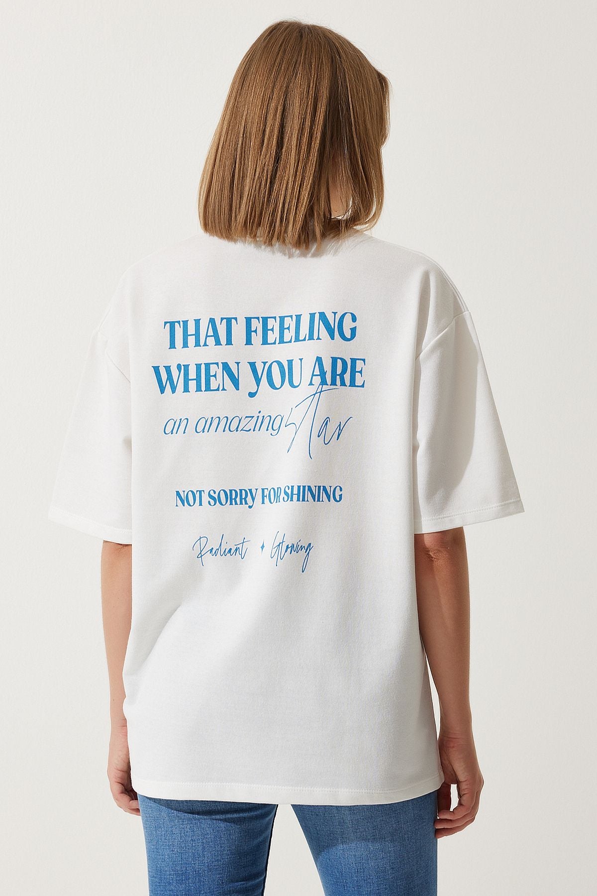 Beyaz Baskılı Oversize İki İplik Örme T-Shirt AN00190