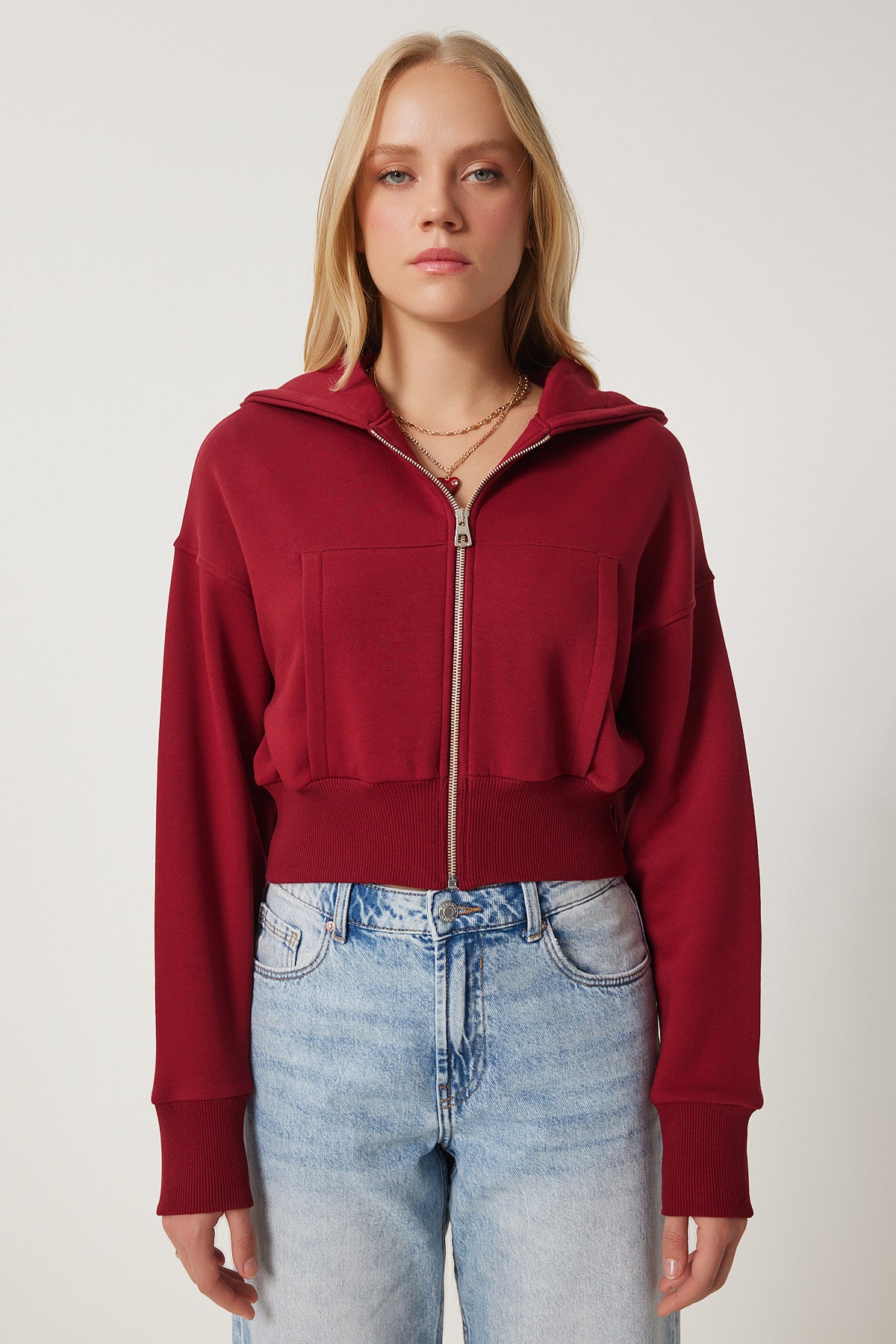 Bordo Kapüşonlu Şardonlu Fermuarlı Sweatshirt OW00051