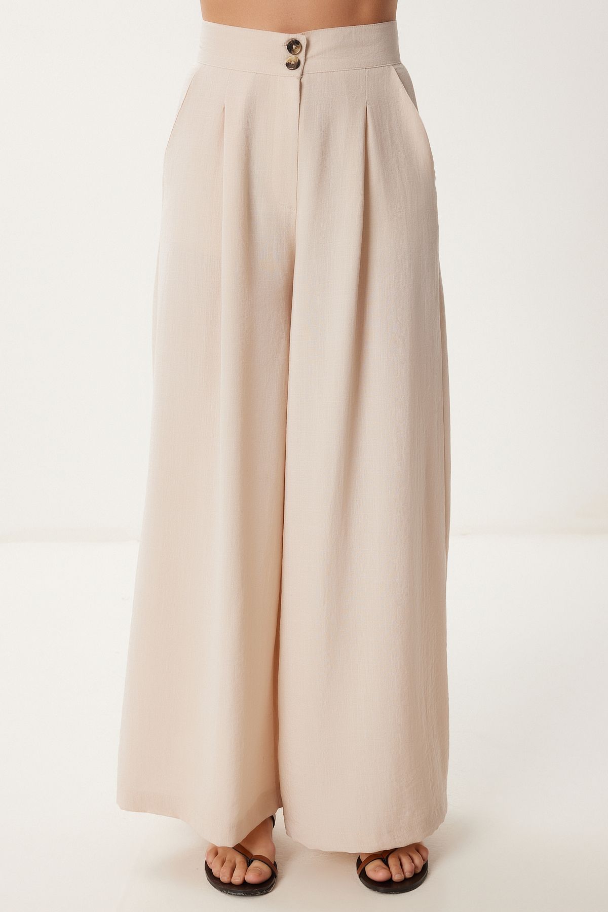 Krem Geniş Paça Dökümlü Dokuma Pantolon MX00223