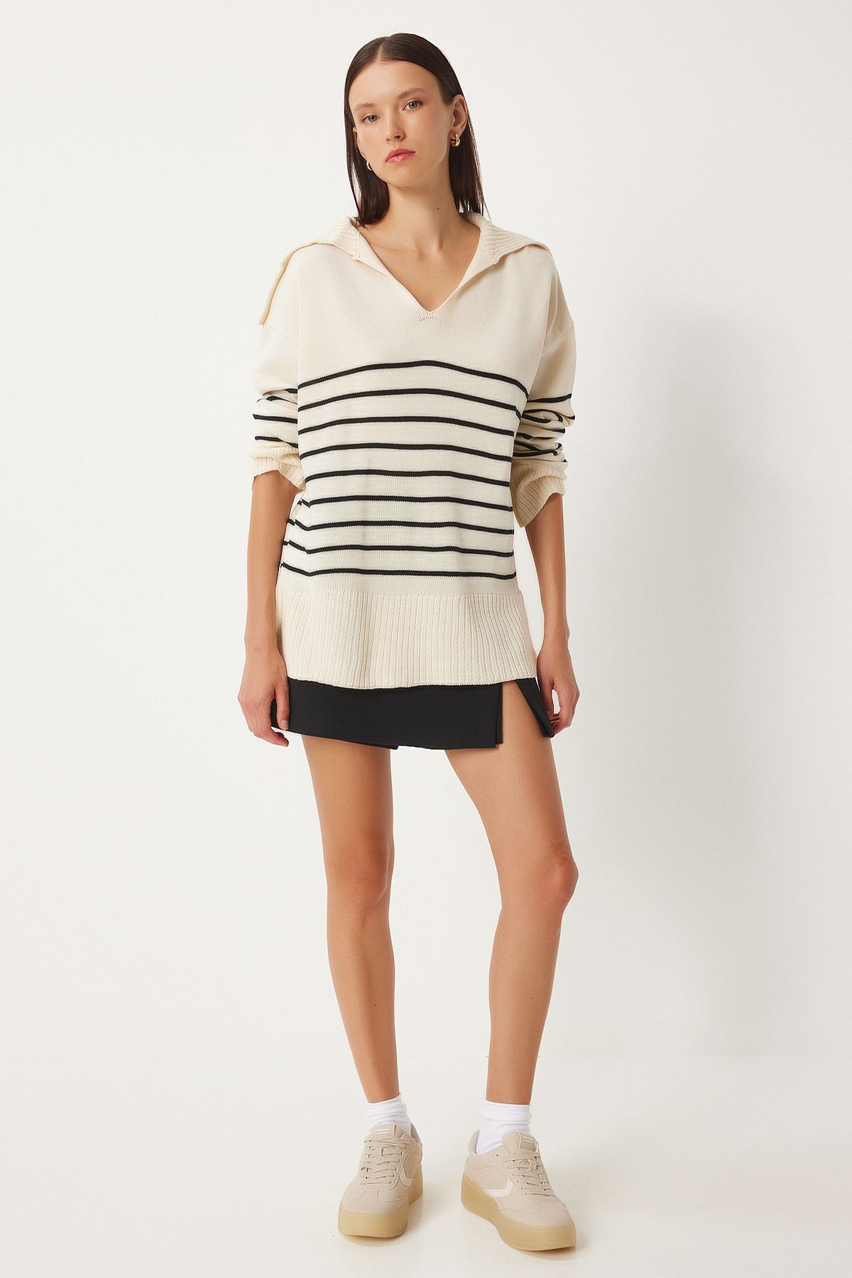 Krem Şal Yaka Çizgili Oversize Triko Kazak  FN03345