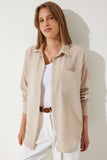 Açık Bej Oversize Keten Ayrobin Gömlek DD01222