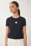 Siyah Kalp Nakışlı Fitilli Örme T-Shirt ZV00289