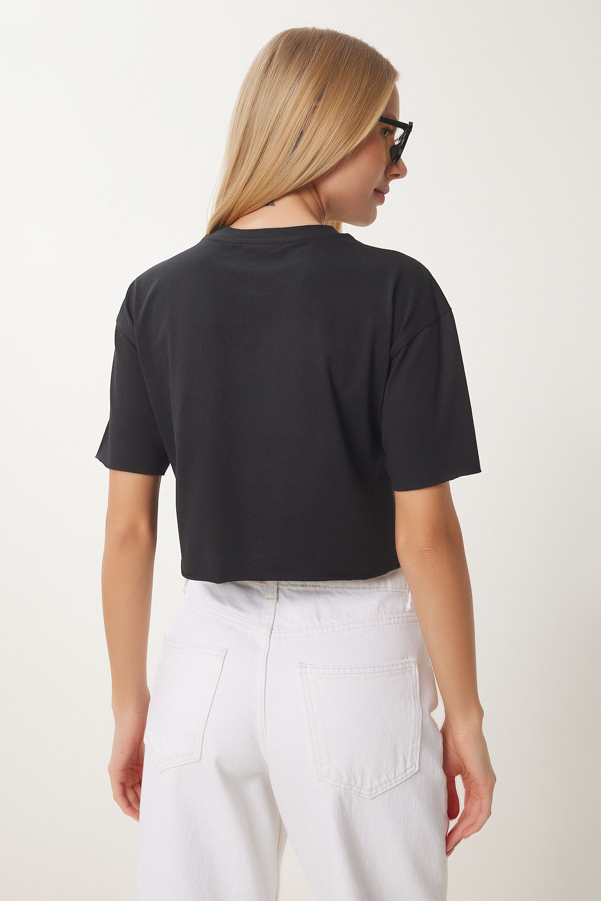 Siyah Pamuklu Crop Örme T-Shirt CR00443