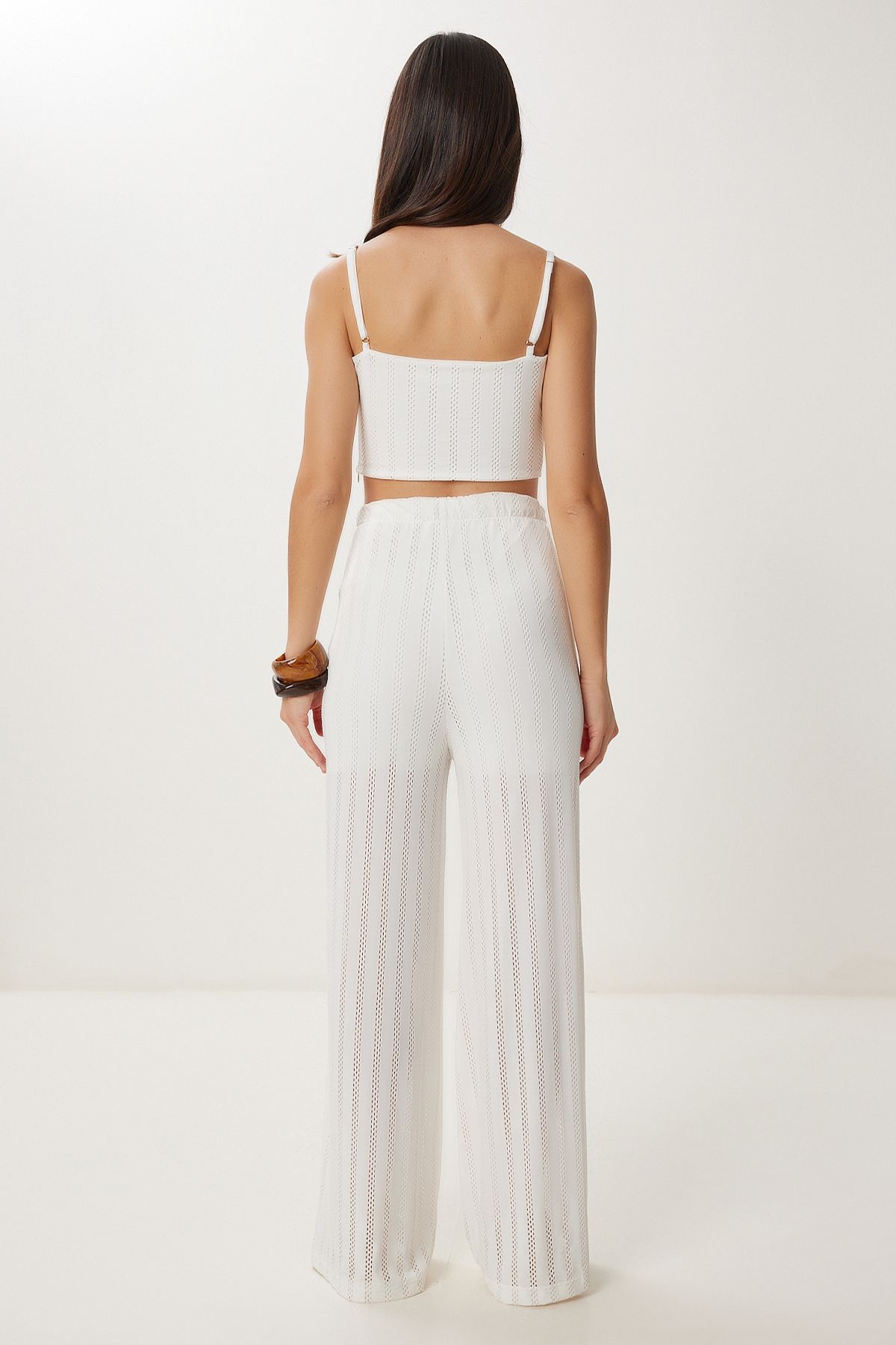 Ekru Ajurlu Örme Bluz Pantolon Takım DM00145