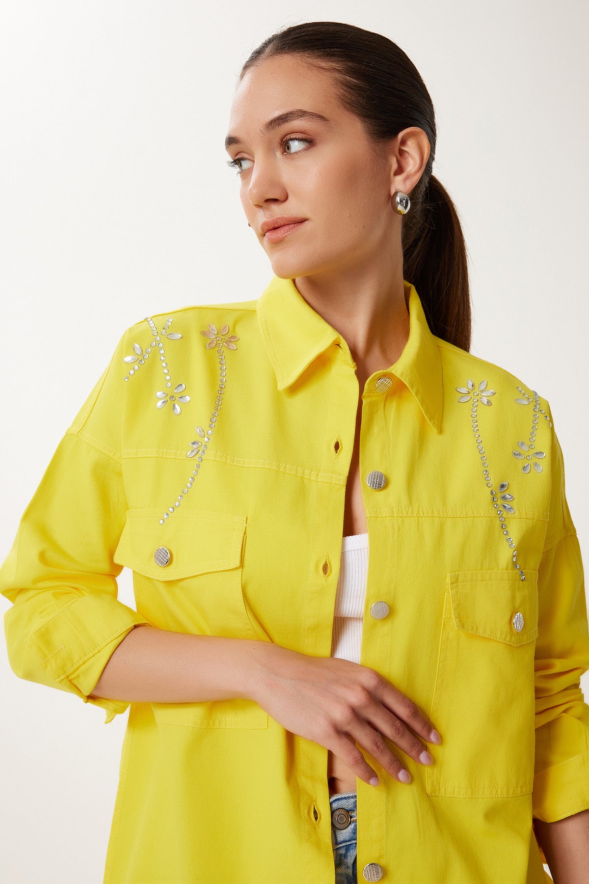 Sarı Taşlı Oversize Gabardin Gömlek Ceket SA00040