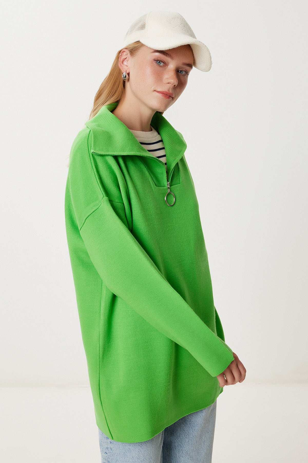 Fıstık Yeşili Fermuarlı Oversize Triko Kazak YY00263