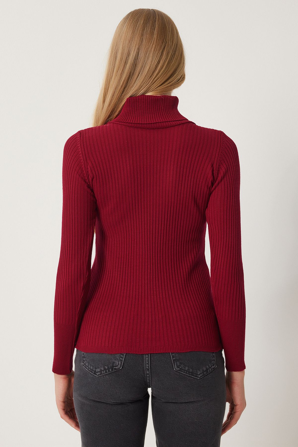 Bordo Boğazlı Fitilli Likralı Kazak DD01007