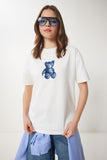 Ekru Ayıcık İşlemeli Pamuklu Oversize Örme T-Shirt CR00460