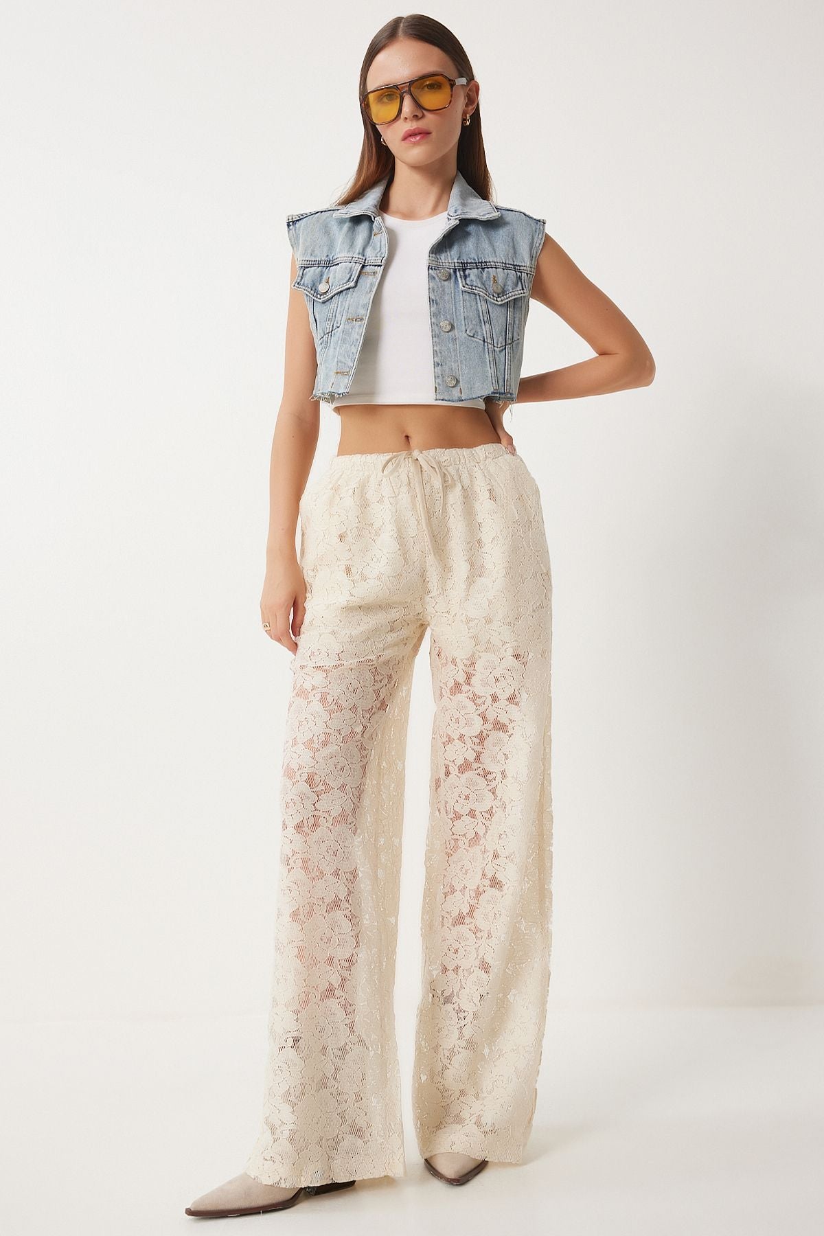 Krem Dantel Transparan Bol Pantolon UL00051