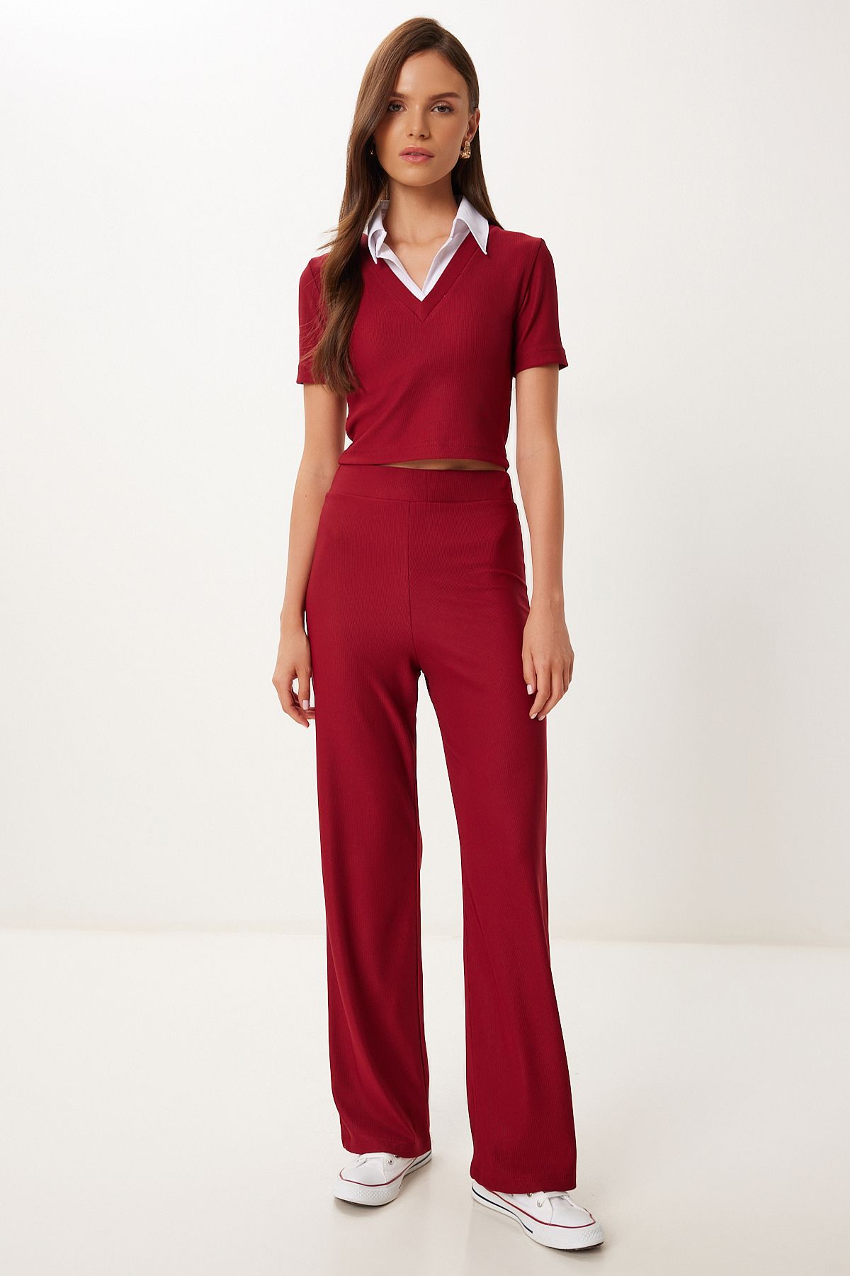 Bordo Polo Yaka Esnek Fitilli Örme Takım ZH00054