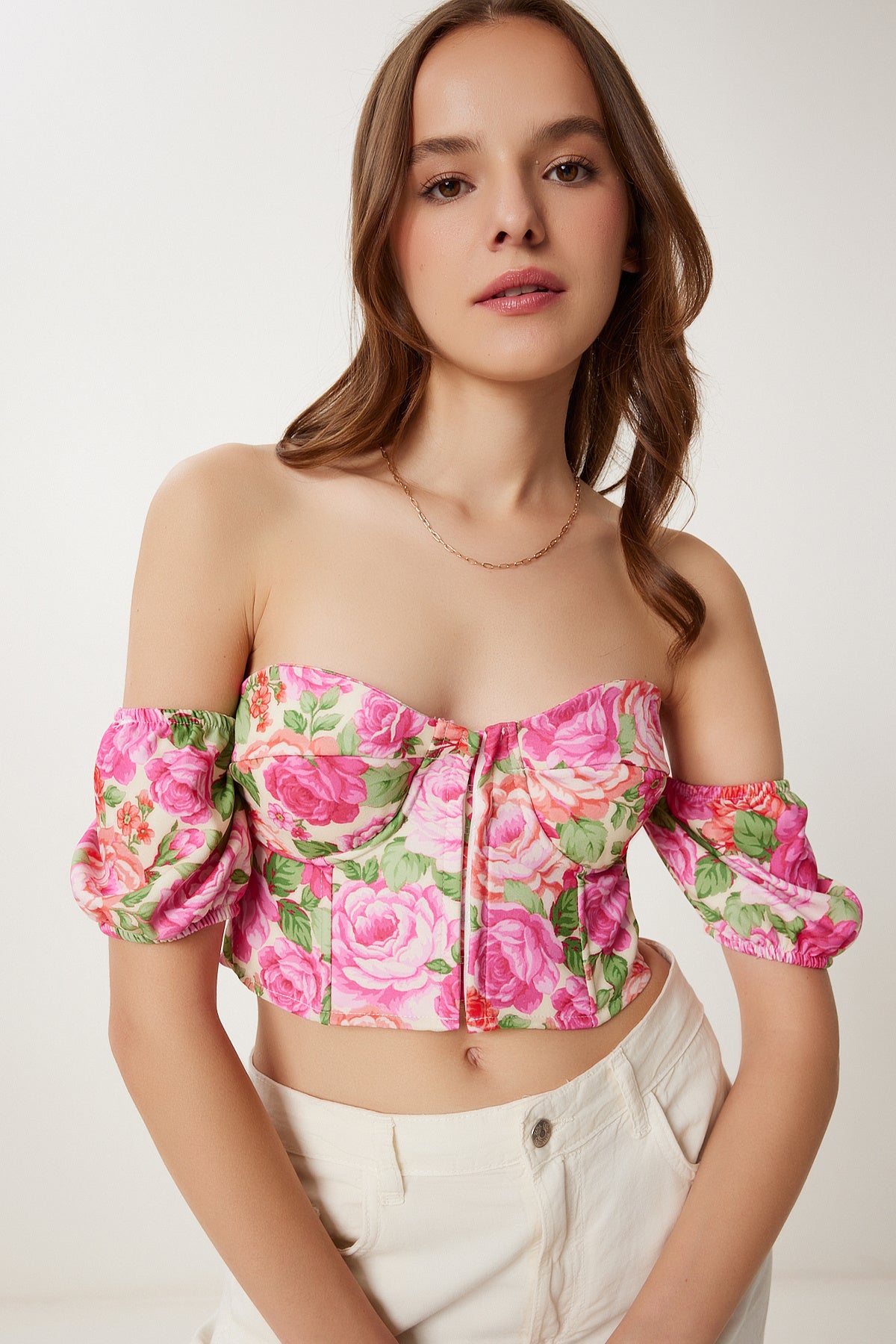 Pembe Sarı Desenli Crop Viskon Bluz CR00510