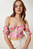 Pembe Sarı Desenli Crop Viskon Bluz CR00510