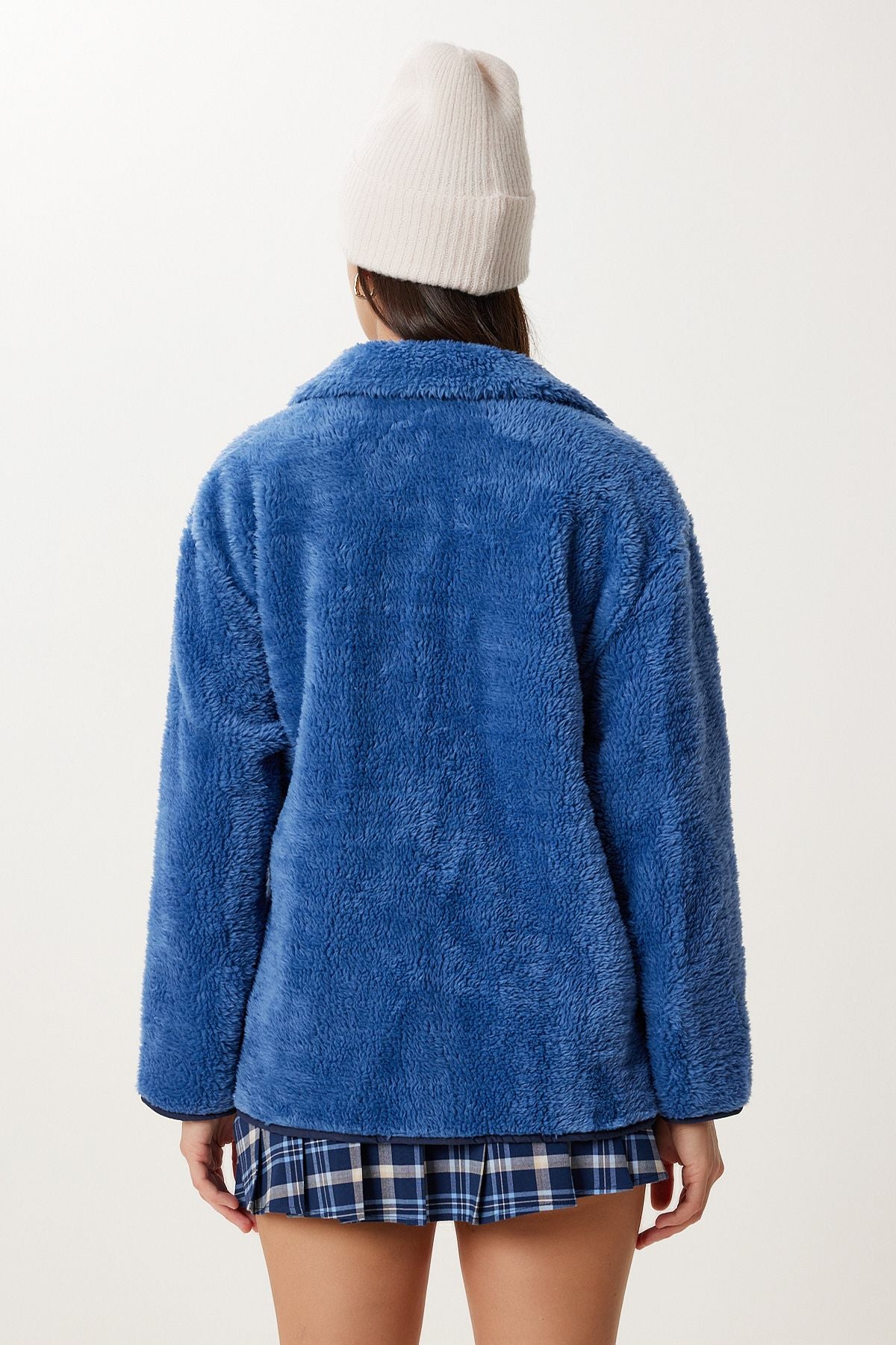 İndigo Mavi Fermuarlı Oversize Peluş Sweatshirt DD01379