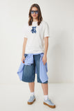 Ekru Ayıcık İşlemeli Pamuklu Oversize Örme T-Shirt CR00460