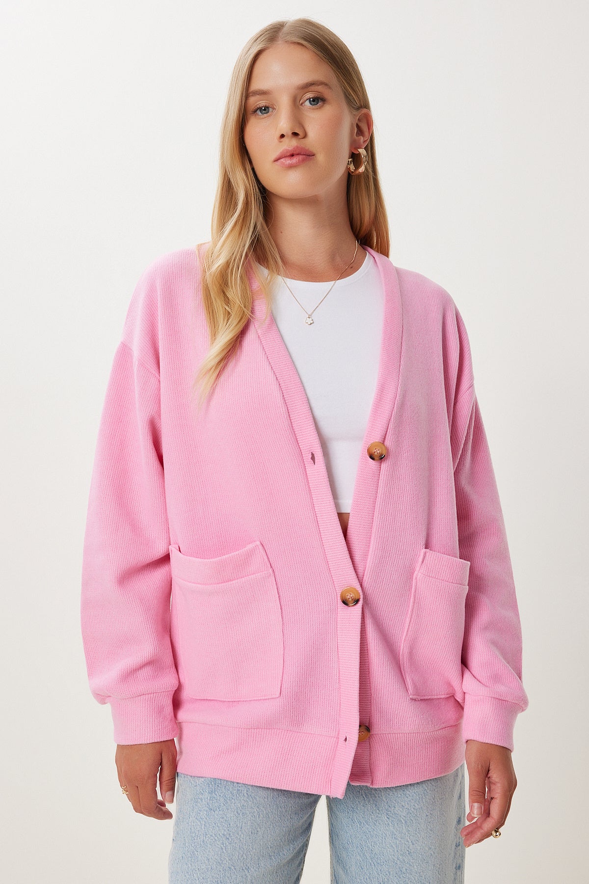 Pembe Cepli Uzun Triko Hırka UB00421