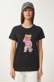 Siyah Taş Detaylı Ayıcık Baskılı Örme T-Shirt BW00001