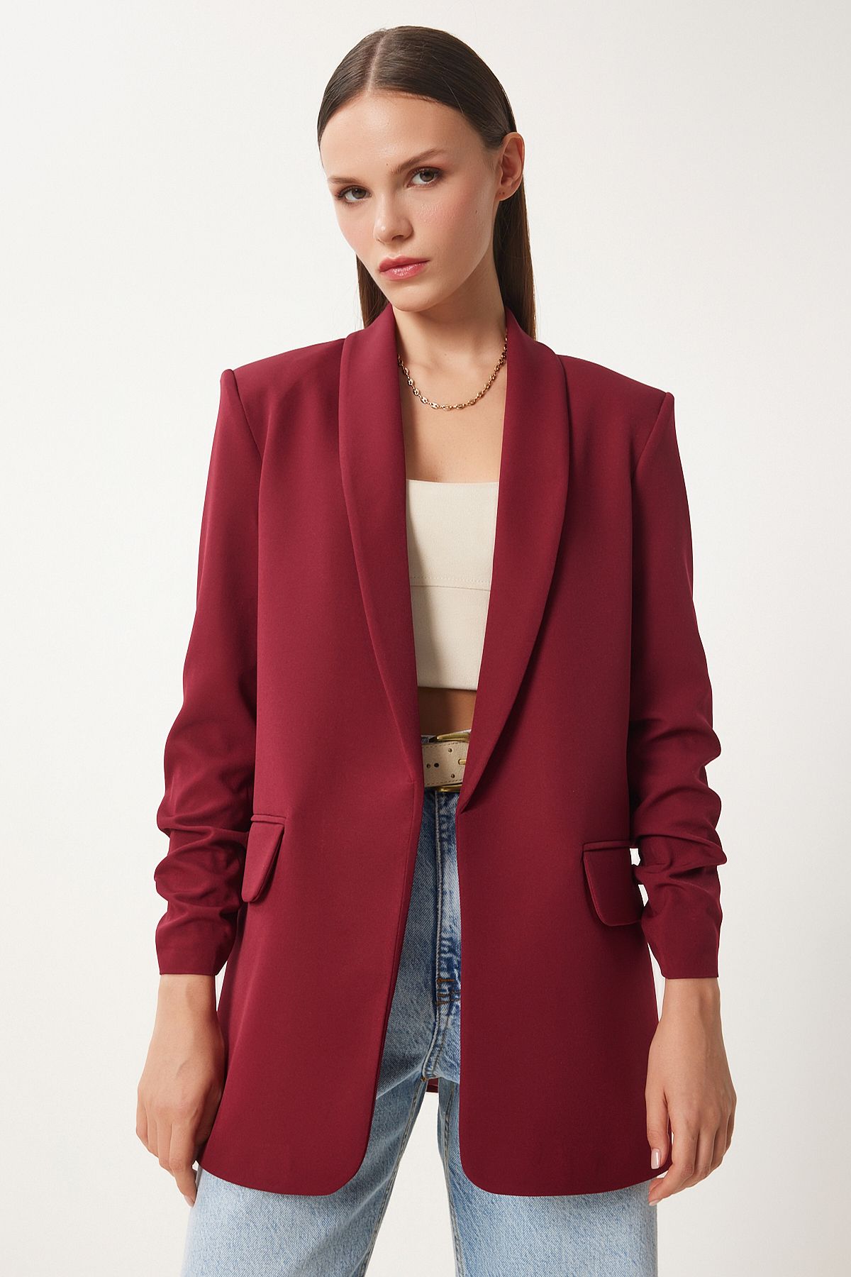 Bordo Şal Yaka Büzgü Detaylı Dokuma Blazer Ceket HL00004