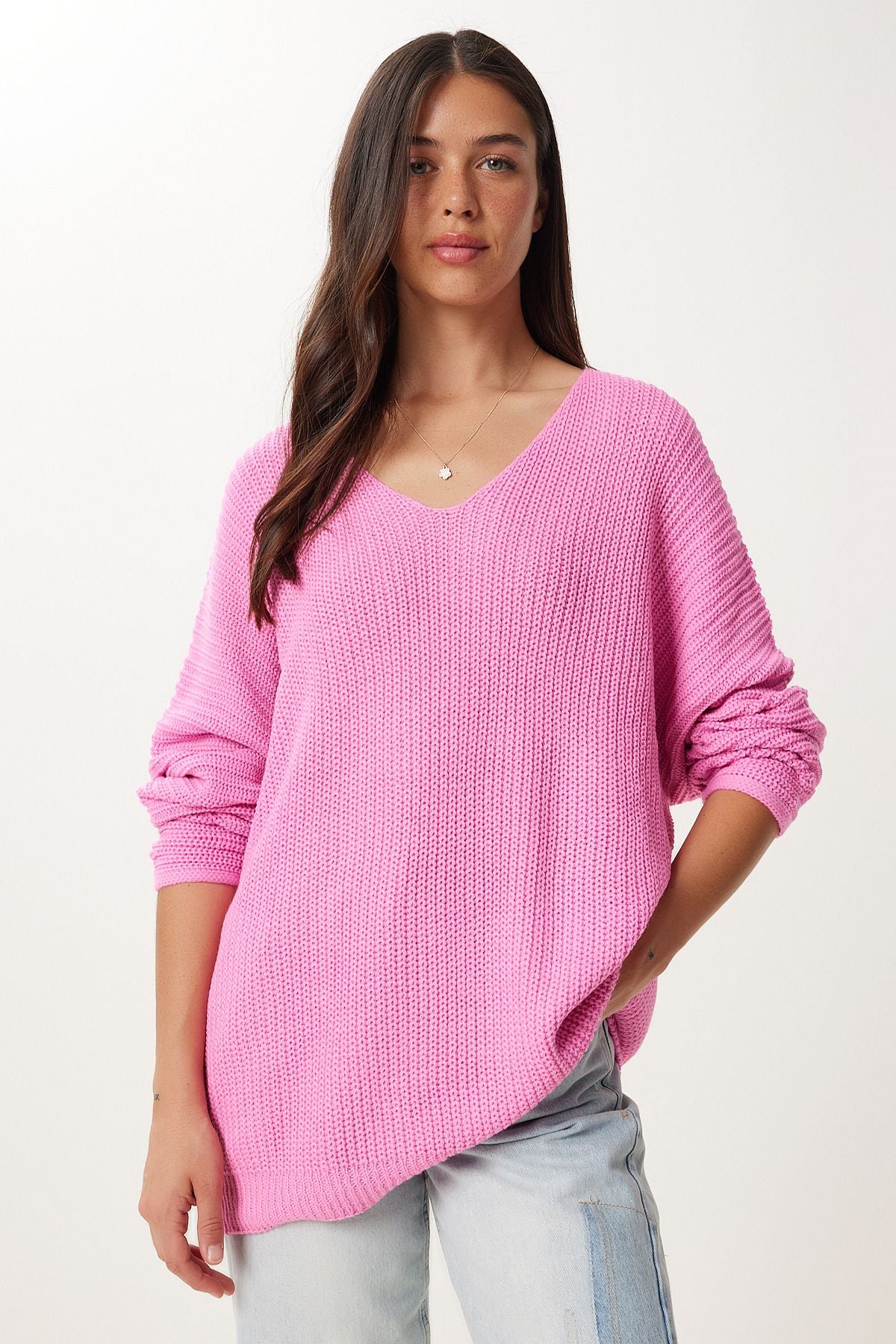 Pembe V Yaka Selanik Örgü Oversize Triko Kazak ZA00059