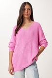 Pembe V Yaka Selanik Örgü Oversize Triko Kazak ZA00059